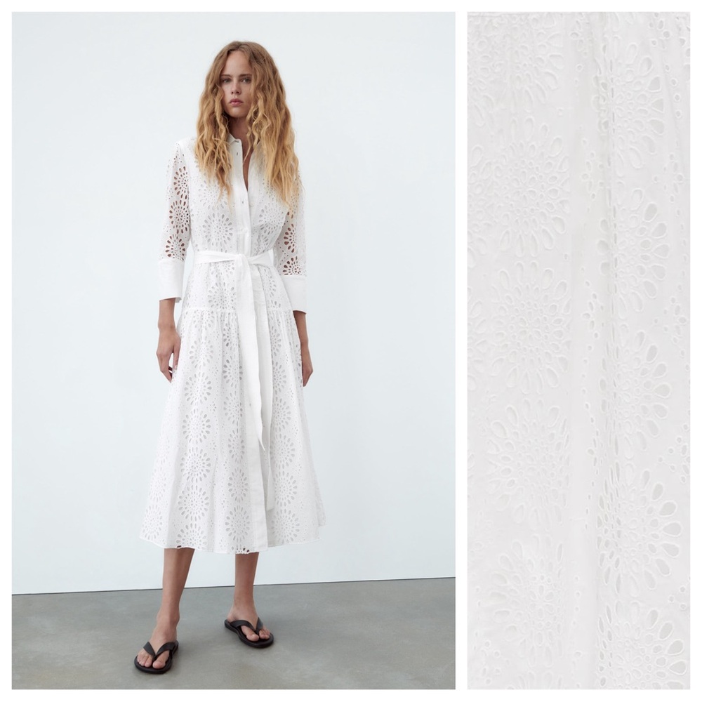 NWT. Zara White Embroidered Eyelet Belted Midi Dress. Size XL.